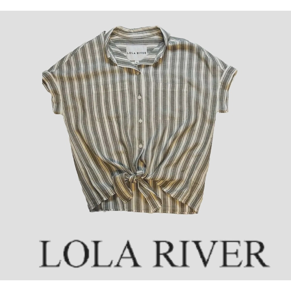 Lola River Women's Small Linen Tencel Tie Front Collared Pockets Striped Shirt